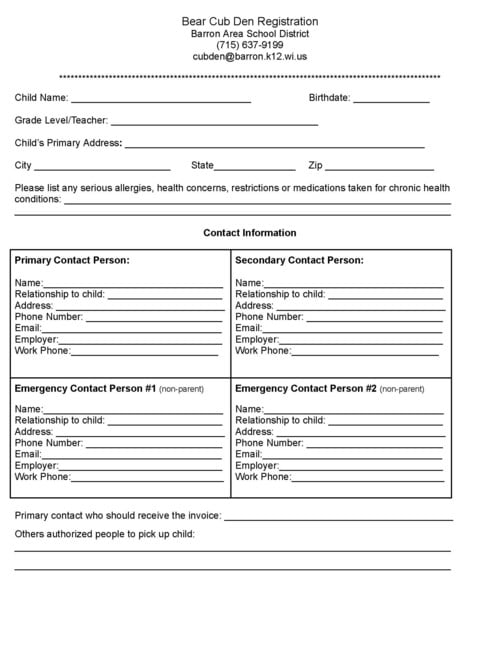 Bear Cub Den Registration pg 1